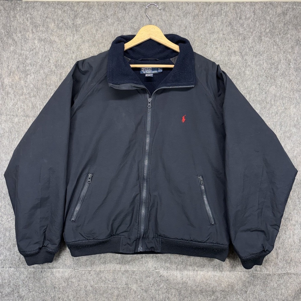 Vintage Polo Ralph Lauren Fleece Lined Jacket Men XL Blue Full Zip Preppy Bomber